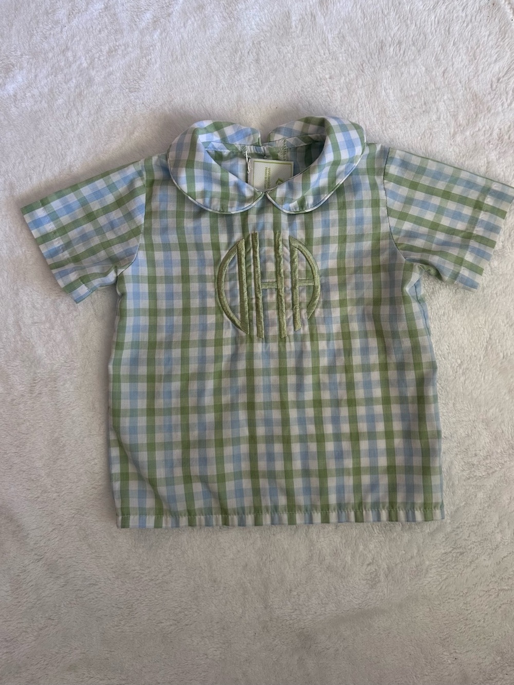 Green & Blue Gingham Peter Pan Collar Kids Tee with Monogram